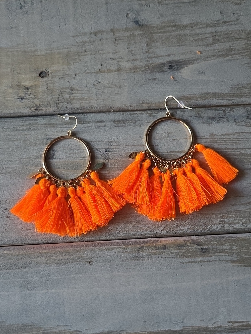NEW! Bright Orange Gold Dangles Bohemian Tassel Fringe Hoop Earrings